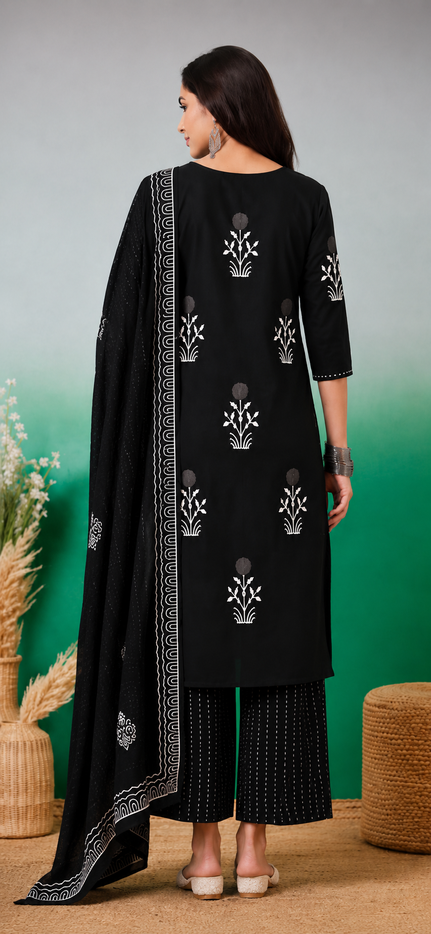 Black White Block Print Cotton Kurta Pant with Dupatta Set