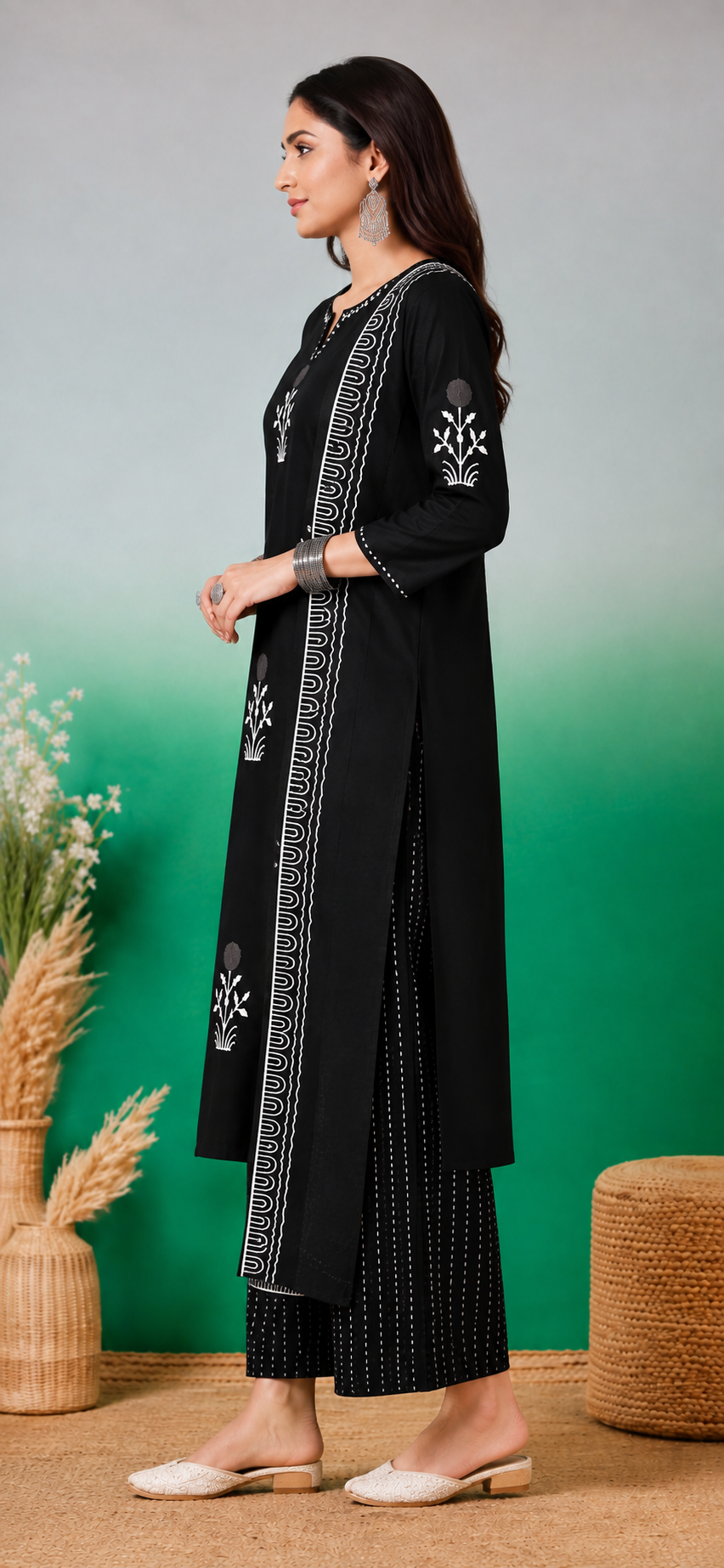 Black White Block Print Cotton Kurta Pant with Dupatta Set