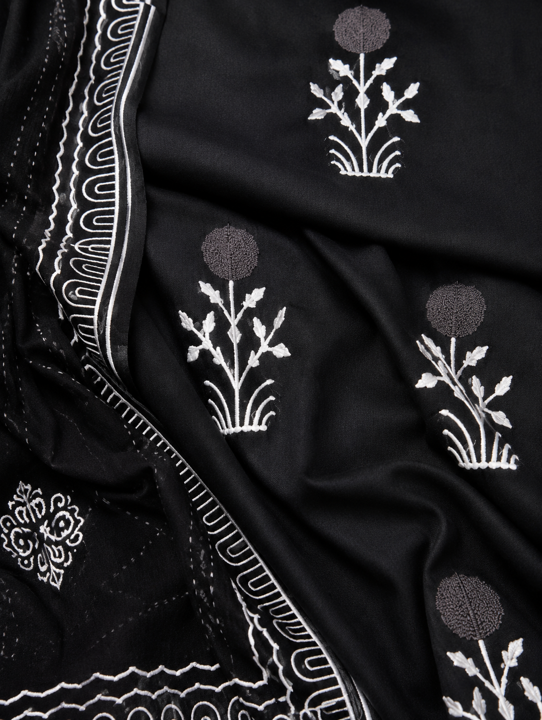 Black White Block Print Cotton Kurta Pant with Dupatta Set