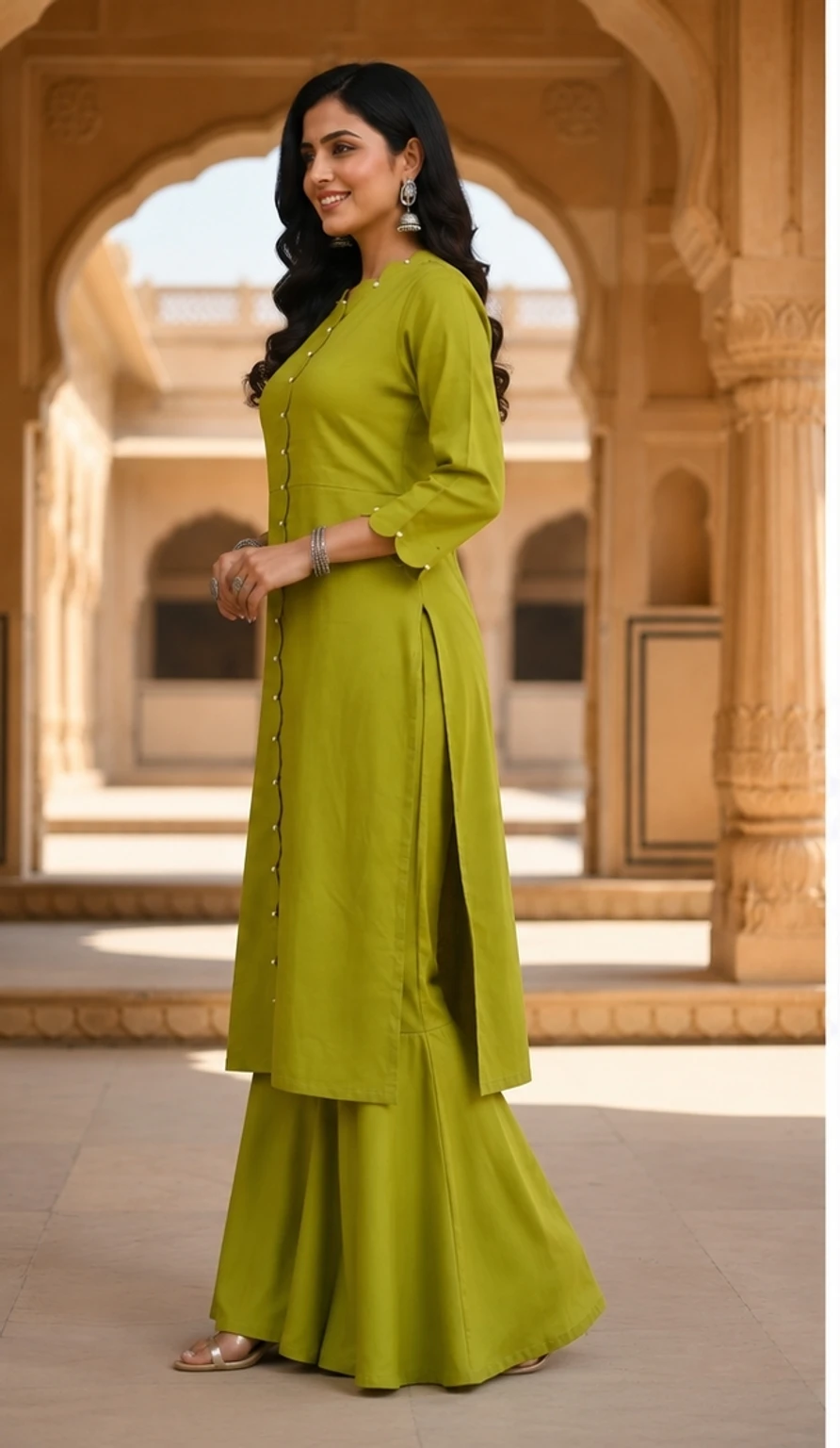 Parrot green solid straight kurta with plazzo set