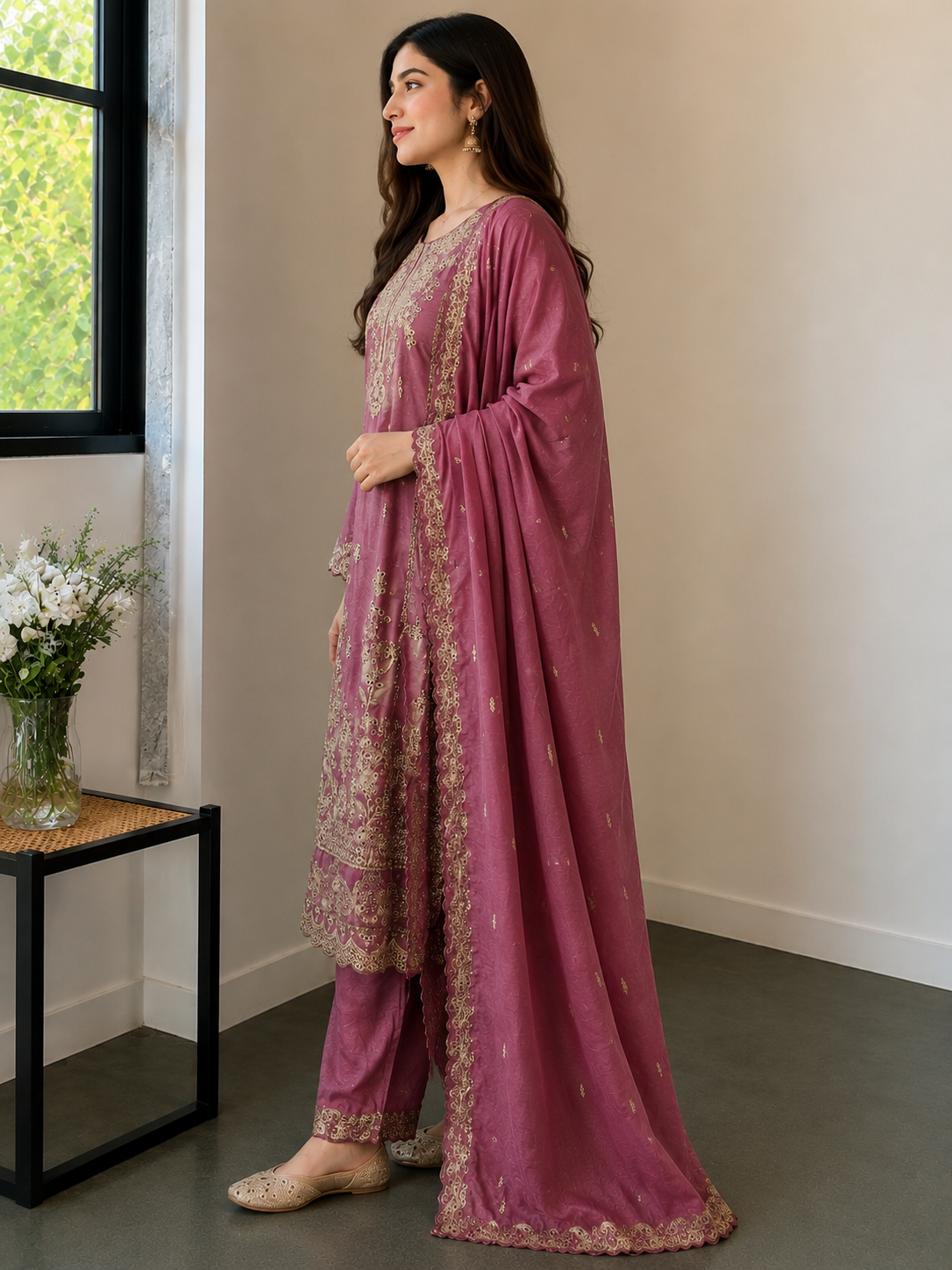 Women Mauve Embroidered Straight Kurta Pant & Dupatta Set