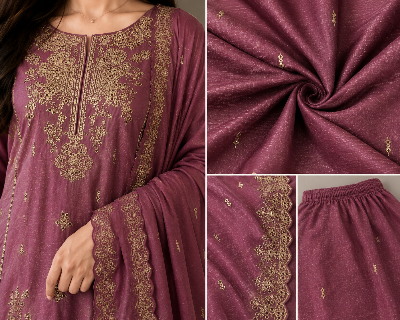 Women Mauve Embroidered Straight Kurta Pant & Dupatta Set