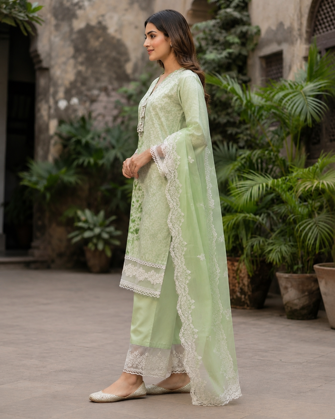 Pastel Green Floral Printed Lace-Detailing Kurta Pant Dupatta Set