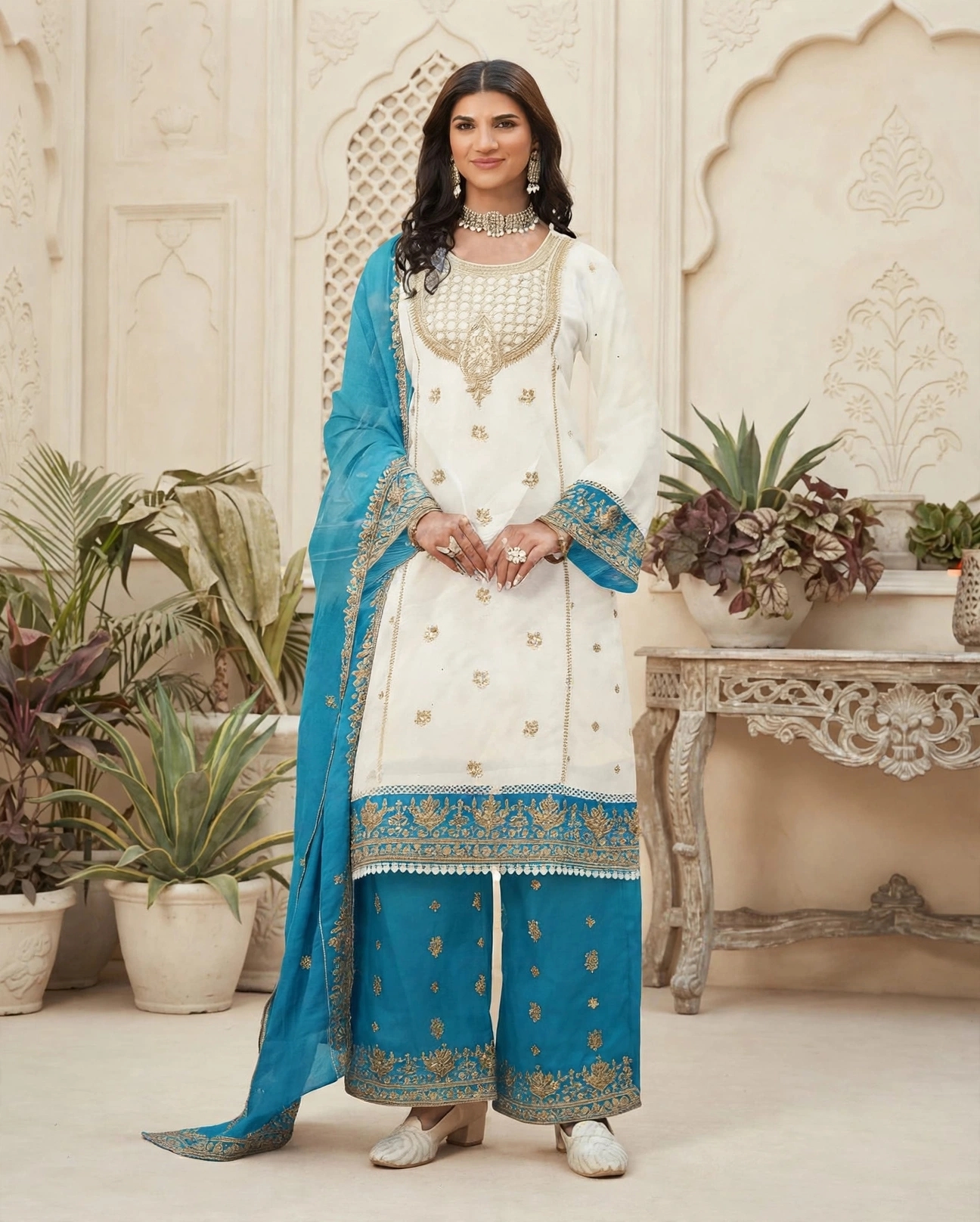 Noor satin suit- white and firozi heavy work palazzo set