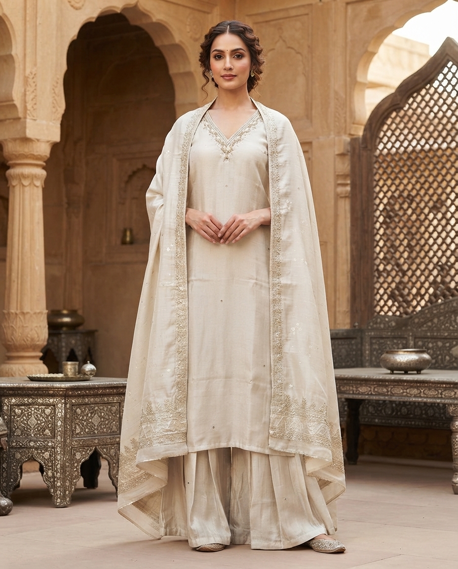 Ivory embroidered kurta pant set with dupatta