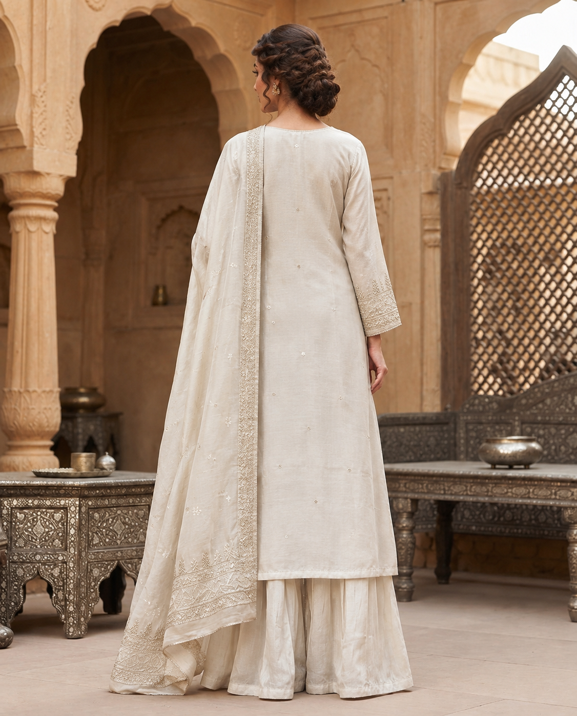 Ivory embroidered kurta pant set with dupatta