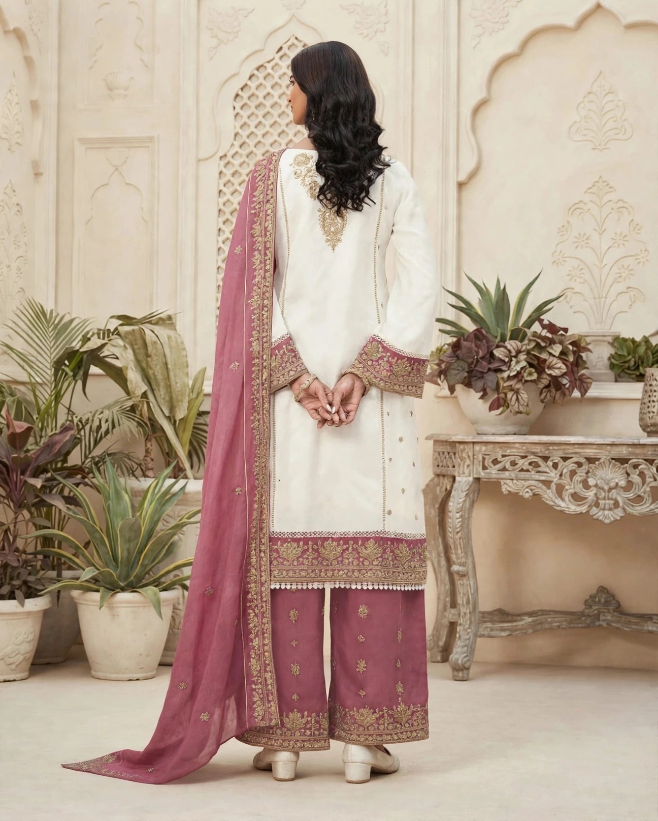 Noor satin suit- white and dusty rose heavy work palazzo set