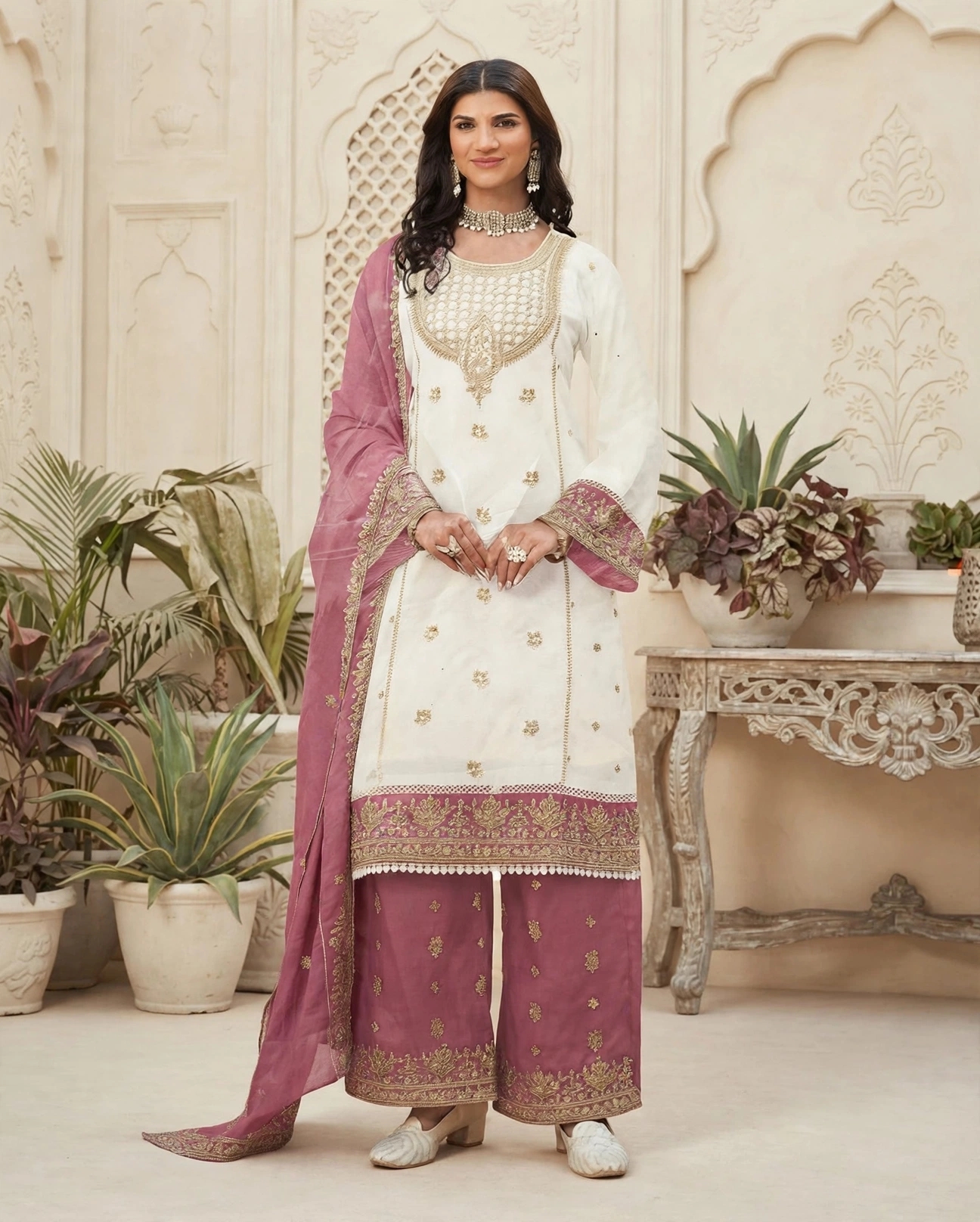 Noor satin suit- white and dusty rose heavy work palazzo set