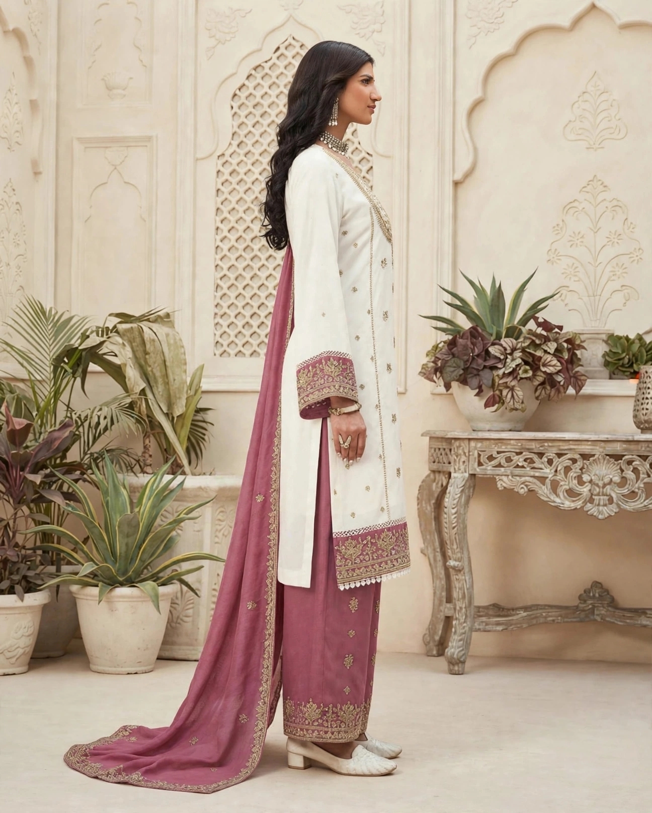 Noor satin suit- white and dusty rose heavy work palazzo set
