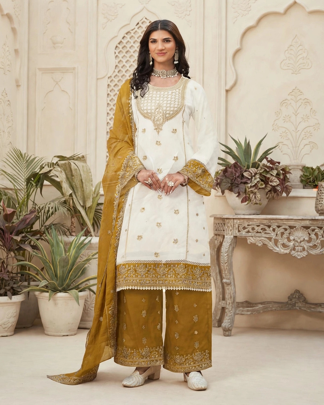 Noor satin suit- white and mustard yellow heavy work palazzo set