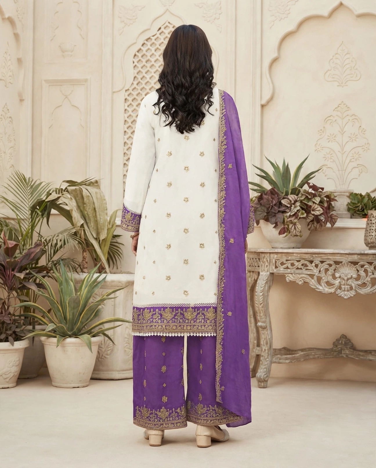 Noor satin suit- white and purple heavy work palazzo set