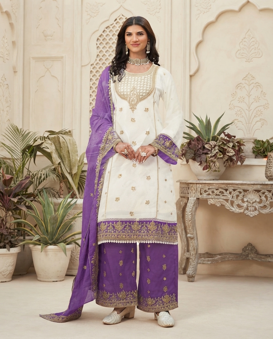 Noor satin suit- white and purple heavy work palazzo set